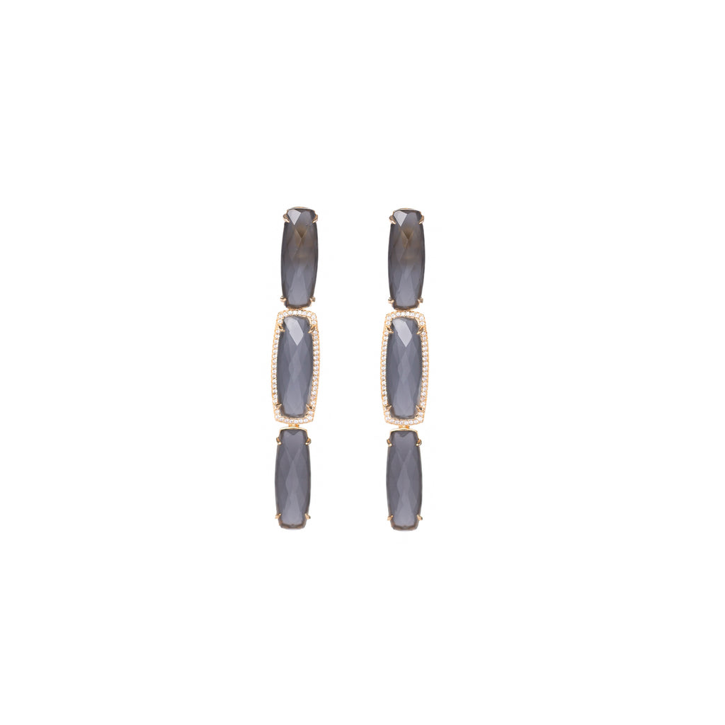 Baguette Shape Smoky Gray crystals in 18k Gold frame. Three inches long.