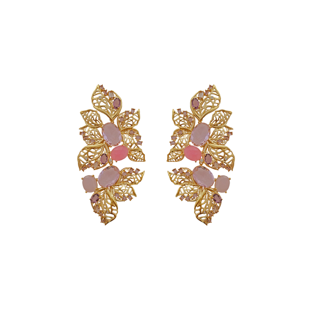 Organic leaf shape Statement Earrings with Pink and Purple Crystals by Mcristals.