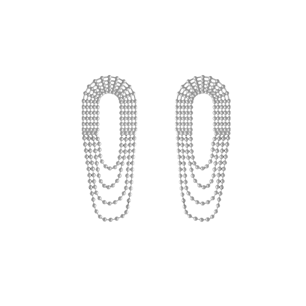 Rhodium Statement Earrings with ball chain fringe by Mcristals